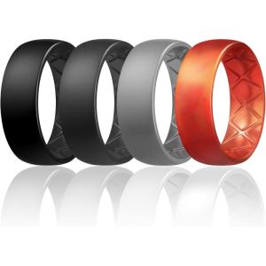 Egnaro Men’s Silicone Rings 8mm Wide 2.5mm Thick, Multipack Ergonomic Rubber Wedding Bands For Him, Breathable Grooves For Workout(SETC8-Black  Black Gray  Light Gray  Fire Camo)