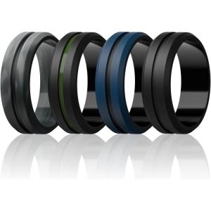 Egnaro Men’s Silicone Wedding Rings – 8.2mm x 2.6mm, Middle Engraved Rubber Engagement Bands, 1/4/6 Multipack For Workout(B2-Black Camo  Black/Emerald Green  Sea Blue/Black  Black)