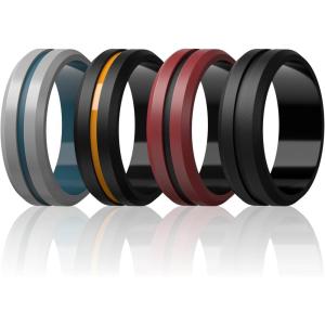 Egnaro Men’s Silicone Wedding Rings – 8.2mm x 2.6mm, Middle Engraved Rubber Engagement Bands, 1/4/6 Multipack For Workout(B4-Light Gray/Teal Blue  Black/Muted Yellow  Crimson/Black  Black)