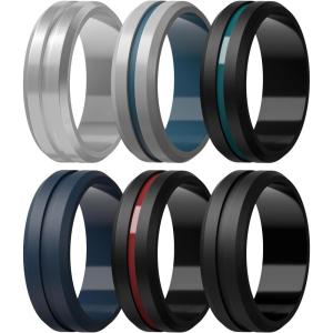 Egnaro Men’s Silicone Wedding Rings – 8.2mm x 2.6mm, Middle Engraved Rubber Engagement Bands, 1/4/6 Multipack For Workout(C1-Silver  Light Gray/Blue Iris  Black  Dark Blue  Black/Crimson  Black)