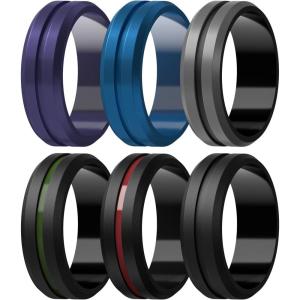 Egnaro Men’s Silicone Wedding Rings – 8.2mm x 2.6mm, Middle Engraved Rubber Engagement Bands, 1/4/6 Multipack For Workout(C2-Black/Crimson  Metallic Purple  Metallic Royal Blue  Black/Emerald Green  Dark Gray/Black  Black)