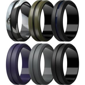 Egnaro Men’s Silicone Wedding Rings – 8.2mm x 2.6mm, Middle Engraved Rubber Engagement Bands, 1/4/6 Multipack For Workout(C3-Black Gray Camo  Olive Green/Black  Black/Night Blue  Black Purple  Black Gray  Black)