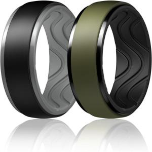 Egnaro Men’s Silicone Wedding Rings: 10mm Wide 2.5mm Thick Rubber Ring – Hypoallergenic for Gym/Outdoor/Gift(SETK-Black/Light Gray Olive Green/Black)