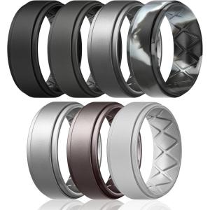 Egnaro Mens Silicone Wedding Rings 8mm x 2mm, Step Edge Rubber Engagement Bands 1/4/7 Multipack Comfort For Workout Travel(A1-Black  Black Gray  Dark Silver  Black Gray Camo  Silver  Metallic Gun  Light Gray)