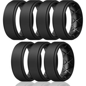 Egnaro Mens Silicone Wedding Rings 8mm x 2mm, Step Edge Rubber Engagement Bands 1/4/7 Multipack Comfort For Workout Travel(A3-Black x7)