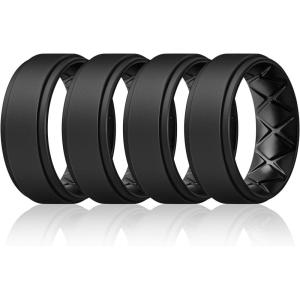 Egnaro Mens Silicone Wedding Rings 8mm x 2mm, Step Edge Rubber Engagement Bands 1/4/7 Multipack Comfort For Workout Travel(B1-Black  Black  Black  Black)