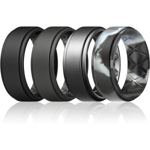 Egnaro Mens Silicone Wedding Rings 8mm x 2mm, Step Edge Rubber Engagement Bands 1/4/7 Multipack Comfort For Workout Travel(C2-Black  Black Gray  Dark Silver  Black Gray Camo)