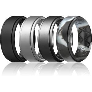 Egnaro Mens Silicone Wedding Rings 8mm x 2mm, Step Edge Rubber Engagement Bands 1/4/7 Multipack Comfort For Workout Travel(C3-Black  Silver  Dark Silver  Black Gray Camo)