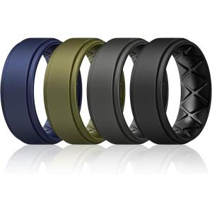 Egnaro Mens Silicone Wedding Rings 8mm x 2mm, Step Edge Rubber Engagement Bands 1/4/7 Multipack Comfort For Workout Travel(C4-Dark Blue  Olive Green  Black Gray  Black)