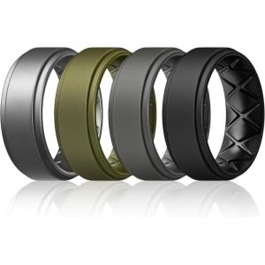 Egnaro Mens Silicone Wedding Rings 8mm x 2mm, Step Edge Rubber Engagement Bands 1/4/7 Multipack Comfort For Workout Travel(C5-Dark Silver  Olive Green  Dark Gray  Black)