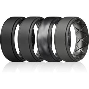 Egnaro Mens Silicone Wedding Rings 8mm x 2mm, Step Edge Rubber Engagement Bands 1/4/7 Multipack Comfort For Workout Travel(C7-Black  Dark Gray  Black Gray  Black Camo)