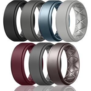 Egnaro Mens Silicone Wedding Rings 8mm x 2mm, Step Edge Rubber Engagement Bands 1/4/7 Multipack Comfort For Workout Travel(D2-Black  Dark Gray  Metallic Blue  Light Gray  Maroon  Black Gray  Metallic Gun)