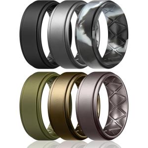 Egnaro Mens Silicone Wedding Rings 8mm x 2mm, Step Edge Rubber Engagement Bands 1/4/7 Multipack Comfort For Workout Travel(D6-Black  Dark Silver  Black Gray Camo  Olive Green  Bronze  Metallic Gun)
