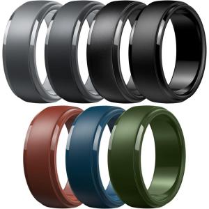 Egnaro Men’s Silicone Wedding Rings: Classic Black Style Rubber ring – Hypoallergenic for Gym/Outdoor/Gift(1/4/7 Variety Pack with Half Size)(SETI-Metallic Black Black Gray Dark Gray Twilight Blue Chestnut Red Dark Foliage Green Black)
