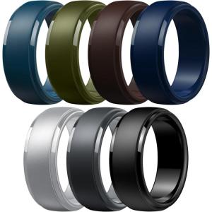 Egnaro Men’s Silicone Wedding Rings: Classic Black Style Rubber ring – Hypoallergenic for Gym/Outdoor/Gift(1/4/7 Variety Pack with Half Size)(SETJ-Silver Black Black Gray Dark Brown Twilight Blue Olive Green Midnight Blue)