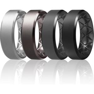 Egnaro Silicone Ring For Men 9mm Wide 2.5mm Thick, Rubber Wedding Bands Ergonomic Breathable Design, Flexible Engagement Rings(SETA2-Silver  Metallic Gun  Dark Gray  Black)