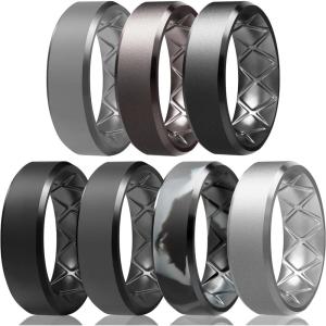 Egnaro Silicone Ring For Men 9mm Wide 2.5mm Thick, Rubber Wedding Bands Ergonomic Breathable Design, Flexible Engagement Rings(SETB8-Light Gray  Metallic Gun  Dark Silver  Black  Dark Gray  Black Gray Camo  Silver)