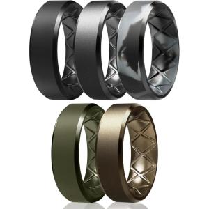 Egnaro Silicone Ring For Men 9mm Wide 2.5mm Thick, Rubber Wedding Bands Ergonomic Breathable Design, Flexible Engagement Rings(SETR6-Black  Dark Silver  Black Gray Camo  Olive  Bronze)
