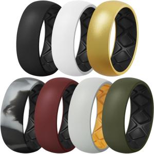 Egnaro Silicone Ring Men 1/4/5/6/7 Multipack of Breathable Mens Silicone Rubber Wedding Rings Bands with Air Flow Grooves(SETA2: Black  White-Black  Gold-Black  Grey Camo-Black  Maroon-Black  Grey-Orange  Olive Green-Black)