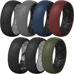 Egnaro Silicone Ring Men 1/4/5/6/7 Multipack of Breathable Mens Silicone Rubber Wedding Rings Bands with Air Flow Grooves(SETA3: Black-Dark Gray  Black Gray Black  Dark Blue Black  Red Black  Black Black Gray Camo  Black Light Gray  Olive Green Black)