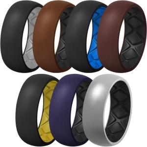 Egnaro Silicone Ring Men 1/4/5/6/7 Multipack of Breathable Mens Silicone Rubber Wedding Rings Bands with Air Flow Grooves(SETA7: Black-Light Gray  Warm Brown/ Black  Black- Starry Blue  Dark Red Brown-Black  Black-Muted Yellow  Black Purple-Black  Silver-Black)