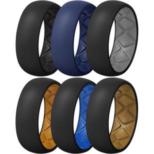 Egnaro Silicone Ring Men 1/4/5/6/7 Multipack of Breathable Mens Silicone Rubber Wedding Rings Bands with Air Flow Grooves(SETB: Black  Dark Blue  Black-Dark Gray  Black-Orange  Black-Light Blue  Black-Bronze)