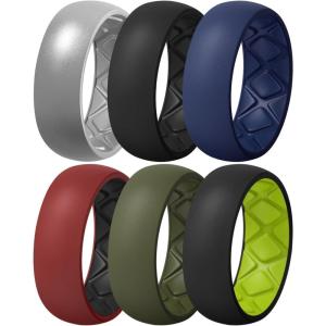 Egnaro Silicone Ring Men 1/4/5/6/7 Multipack of Breathable Mens Silicone Rubber Wedding Rings Bands with Air Flow Grooves(SETB1: Silver  Black  Deep Blue  Red-Black  Olive Green  Black-Yellow Green)