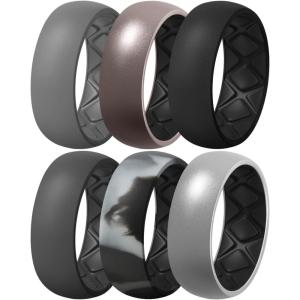 Egnaro Silicone Ring Men 1/4/5/6/7 Multipack of Breathable Mens Silicone Rubber Wedding Rings Bands with Air Flow Grooves(SETB2: Light Gray  Metallic Platinum-Black  Black  Black Gray  Black Gray Camo-Black  Metallic Silver-Black)