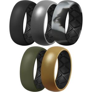 Egnaro Silicone Ring Men 1/4/5/6/7 Multipack of Breathable Mens Silicone Rubber Wedding Rings Bands with Air Flow Grooves(SETB3: Black  Dark Silver-Black  Black Gray Camo-Black  Olive Green-Black  Bronze-Black)