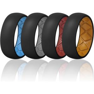 Egnaro Silicone Ring Men 1/4/5/6/7 Multipack of Breathable Mens Silicone Rubber Wedding Rings Bands with Air Flow Grooves(SETC4: Black-Blue  Black-Dark Gray  Black-Red  Black-Orange)