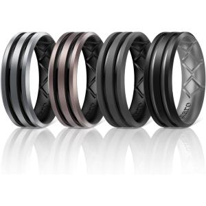 Egnaro Silicone Ring for Him with 2 Layers, Multicolor Rubber Wedding Bands with Air Flow Grooves-1/4/6/7 Variety Multipack(SETA2: Metallic Silver-Black  Metallic Platinum-Black  Black Gray-Black  Black-Light Gray)
