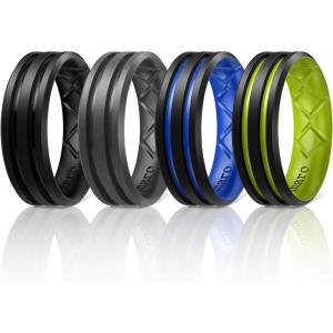 Egnaro Silicone Ring for Him with 2 Layers, Multicolor Rubber Wedding Bands with Air Flow Grooves-1/4/6/7 Variety Multipack(SETA3: Black  Black Gray  Black-Light Blue  Black-Yellow Green)
