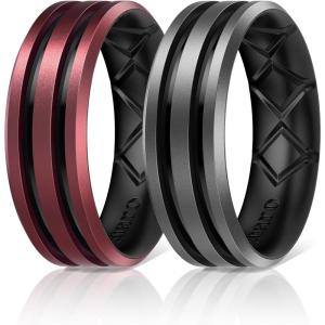 Egnaro Silicone Ring for Him with 2 Layers, Multicolor Rubber Wedding Bands with Air Flow Grooves-1/4/6/7 Variety Multipack(SETB2: Dark Silver-Black  Metallic Burgundy-Black)