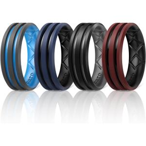 Egnaro Silicone Ring for Him with 2 Layers, Multicolor Rubber Wedding Bands with Air Flow Grooves-1/4/6/7 Variety Multipack(SETB3: Grey-Sky Blue  Dark Blue-Black  Black-Grey  Dark Red-Black)