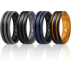 Egnaro Silicone Ring for Him with 2 Layers, Multicolor Rubber Wedding Bands with Air Flow Grooves-1/4/6/7 Variety Multipack(SETB4: Black Gray-Black  Black-Grey  Dark Blue-Black  Black-Orange)