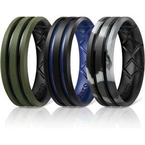 Egnaro Silicone Ring for Him with 2 Layers, Multicolor Rubber Wedding Bands with Air Flow Grooves-1/4/6/7 Variety Multipack(SETC1: Black-Dark Blue  Black Gray Camo-Black  Olive Green-Black)