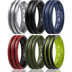 Egnaro Silicone Ring for Him with 2 Layers, Multicolor Rubber Wedding Bands with Air Flow Grooves-1/4/6/7 Variety Multipack(SETC1: Metallic Silver  Black  Dark Blue  Red-Black  Olive Green  Black-Yellow Green)