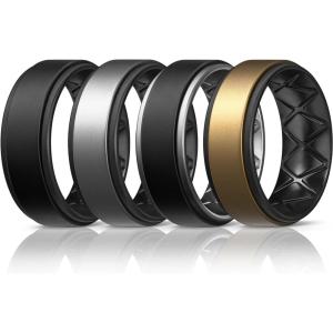 Egnaro Silicone Rings for Men 1/4/5/6/7 Multipack of Breathable Mens Silicone Rubber Wedding Rings Bands – Step Edge(SETA-Black Black Dark Silver Black Black Dark Silver Bronze Black)