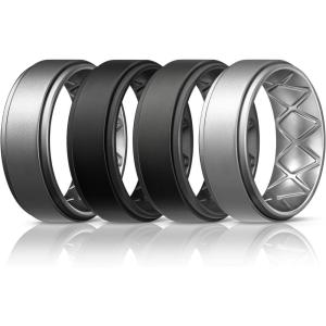 Egnaro Silicone Rings for Men 1/4/5/6/7 Multipack of Breathable Mens Silicone Rubber Wedding Rings Bands – Step Edge(SETB-Black Black Gray Gray Dark Silver Dark Silver Silver Silver)