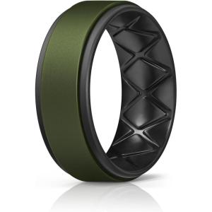 Egnaro Silicone Rings for Men 1/4/5/6/7 Multipack of Breathable Mens Silicone Rubber Wedding Rings Bands – Step Edge(SETD1-Dark Foliage Green-Black)