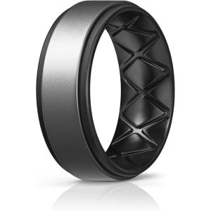 Egnaro Silicone Rings for Men 1/4/5/6/7 Multipack of Breathable Mens Silicone Rubber Wedding Rings Bands – Step Edge(SETD-Dark Silver Black)