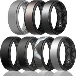 Egnaro Silicone Rings for Men 1/4/5/6/7 Multipack of Breathable Mens Silicone Rubber Wedding Rings Bands – Step Edge(SETF1-Light Gray  Metallic Platinum Black  Metal Black Gray Black  Black  Black Gray  Black Gray Camo Black  Metallic Silver Black)