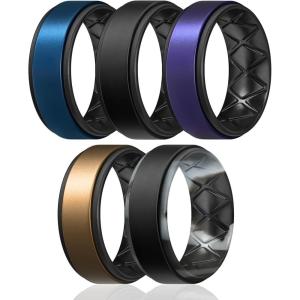 Egnaro Silicone Rings for Men 1/4/5/6/7 Multipack of Breathable Mens Silicone Rubber Wedding Rings Bands – Step Edge(SETF22-Metallic Royal Blue Black  Black  Metallic Purple Black  Metallic Bronze Black  Black Gray Camo)
