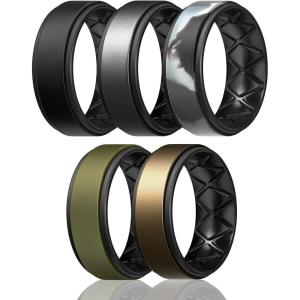 Egnaro Silicone Rings for Men 1/4/5/6/7 Multipack of Breathable Mens Silicone Rubber Wedding Rings Bands – Step Edge(SETF2-Black  Metal Black Gray Black  Black Gray Camo Black  Olive Green Black  Bronze Black)