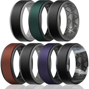 Egnaro Silicone Rings for Men 1/4/5/6/7 Multipack of Breathable Mens Silicone Rubber Wedding Rings Bands – Step Edge(SETF33-Black Light Gray  Pine Green Black  Black Black Gray  Chestnut Red Black  Black Dark Gray  Black Purple Black  Black Gray Camo)