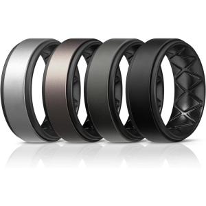 Egnaro Silicone Rings for Men 1/4/5/6/7 Multipack of Breathable Mens Silicone Rubber Wedding Rings Bands – Step Edge(SETF5-Metallic Silver Black  Metallic Platinum Black  Black Gray Black  Black)