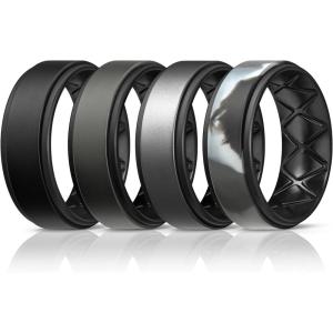 Egnaro Silicone Rings for Men 1/4/5/6/7 Multipack of Breathable Mens Silicone Rubber Wedding Rings Bands – Step Edge(SETF6-Black  Black Gray Black  Metallic Silver Black  Black Gray Camo Black)