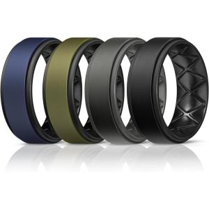 Egnaro Silicone Rings for Men 1/4/5/6/7 Multipack of Breathable Mens Silicone Rubber Wedding Rings Bands – Step Edge(SETF7-Dark Blue Black  Olive Green Black  Black Gray  Black)