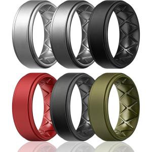 Egnaro Silicone Rings for Men 1/4/5/6/7 Multipack of Breathable Mens Silicone Rubber Wedding Rings Bands – Step Edge(SETH-Black Grey Dark Silver Silver Red Olive Green)