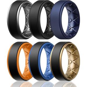 Egnaro Silicone Rings for Men 1/4/5/6/7 Multipack of Breathable Mens Silicone Rubber Wedding Rings Bands – Step Edge(SETI-Black Black Dark Blue Dark Blue Black Deep Silver Black Orange Black Light Blue Black Bronze)